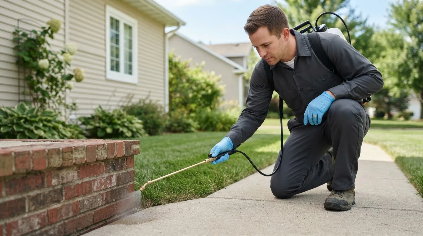 Pest control technician treating a home near Wellman, IA