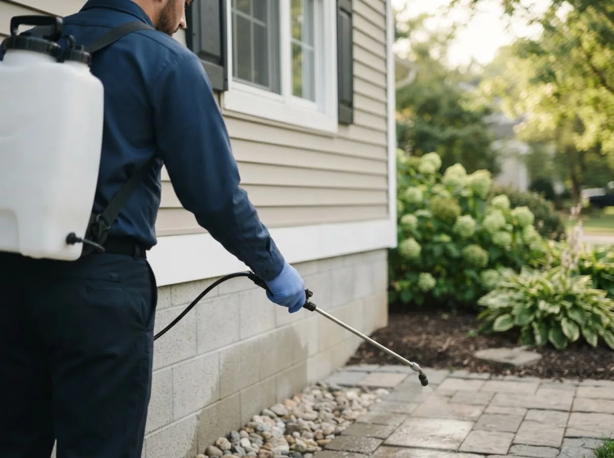 Pest control technician inspecting a home in Wellman, IA